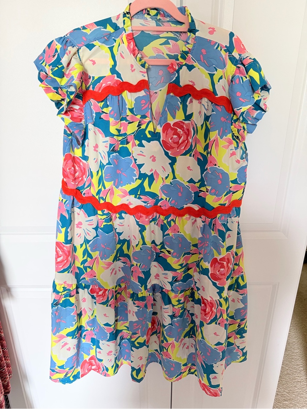 Bright Floral Tiered Dress with Red Trim